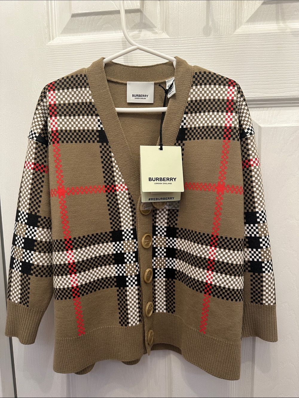 Burberry Tan Plaid V-Neck Button Cardigan with Red Accents